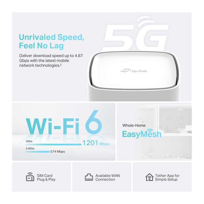 TP-LINK 5G AX1800 Wireless Dual-Band Gigabit Router WiFi 6 (Support SIM Card 5G/4G) TP-LINK 5G AX1800 Wireless Dual-Band Gigabit Router WiFi 6 (Support SIM Card 5G/4G)